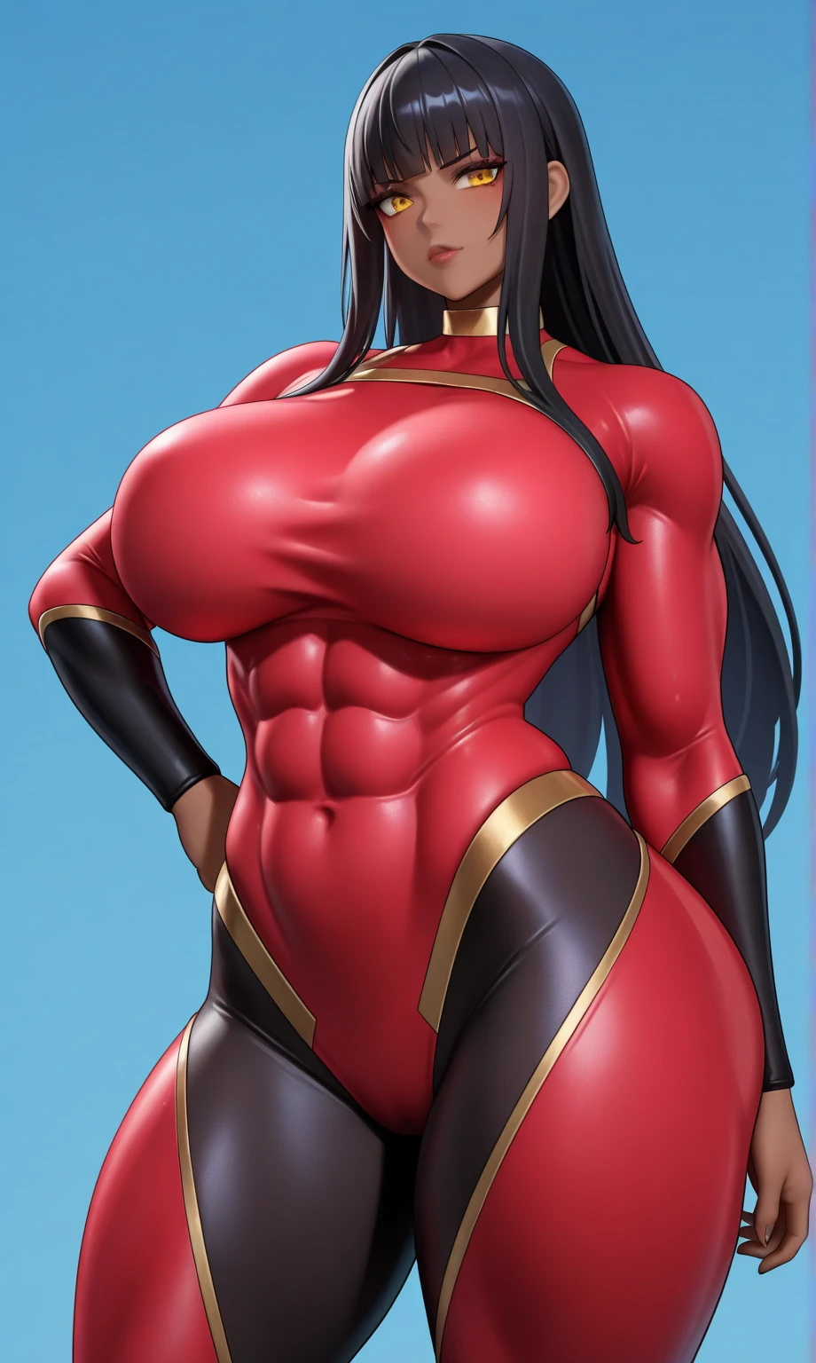 1girl, beautiful, muscular, medium thighs, mature female, abs, wide hips, (masterpiece, high quality: 1.1), shiny skin, soft skin, smooth skin, chest indentation, tight suit, choppy, curvy, fit, toned, camel toe, lipstick, thick lips, makeup, highly detailed, kawaii, wet and shiny