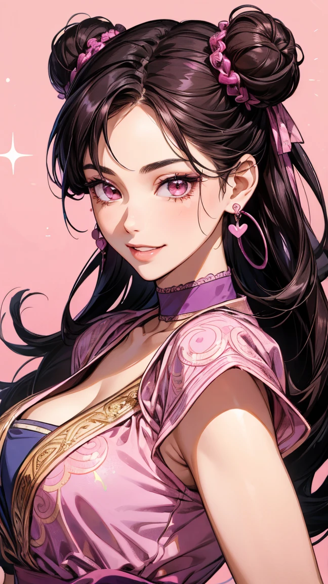 Renowned indian actress at the age of 28 wearing a provocative pink saree ,braless, oversized big hoops earrings, long hair ponytail , saggy breasts ,long diamond necklace ,pink lipstick, bangles