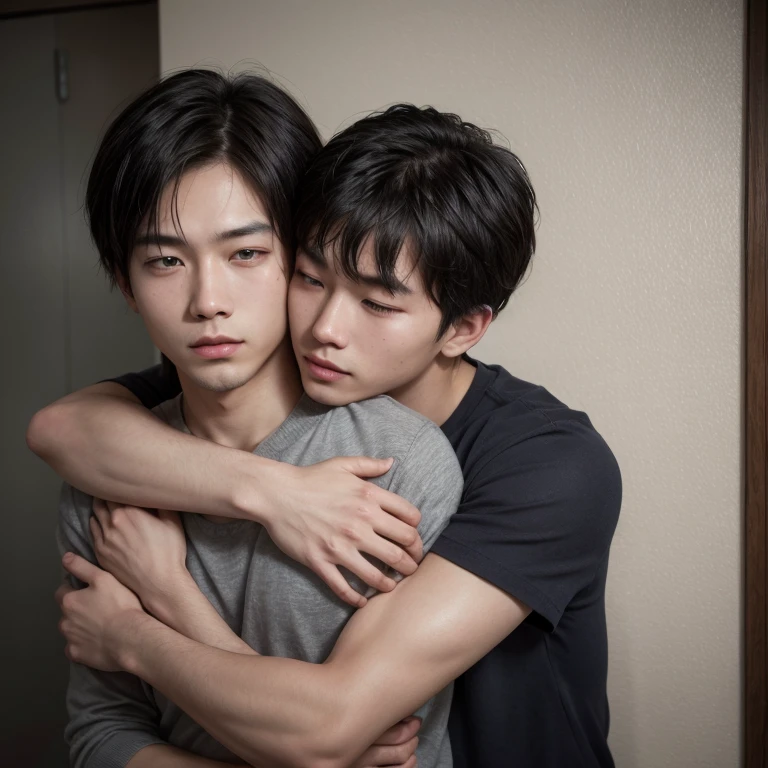 boy with black hair and dark blond hair hugging