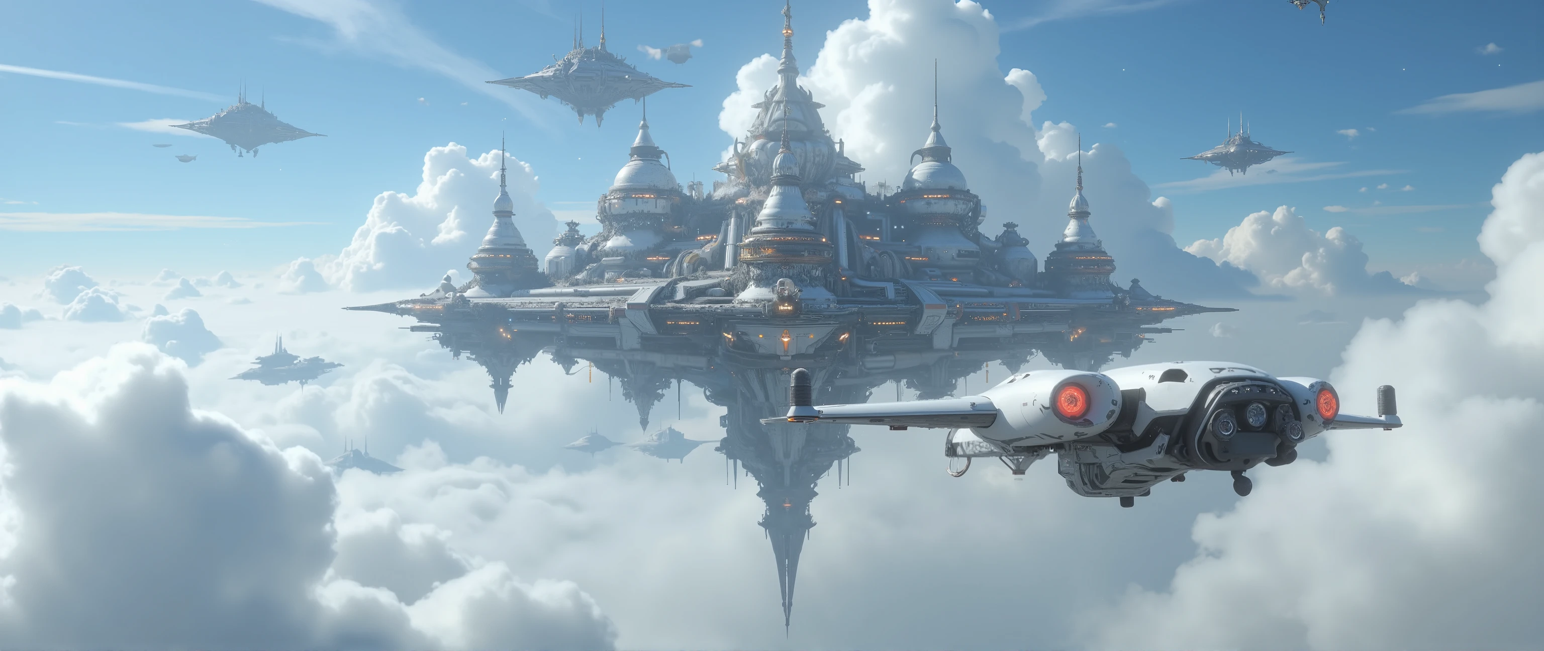 A flying city with domes is slowly moving among the clouds, A low drone is watching it from above and is slowly approaching it, photorealistic style with bright daylight.