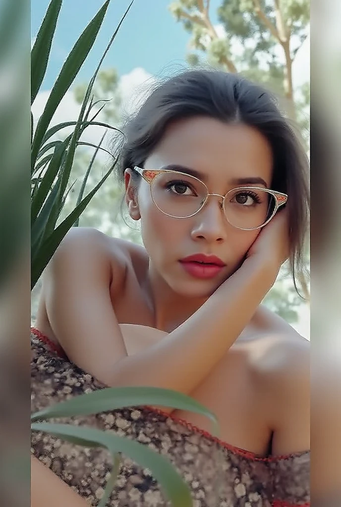 ((Best quality)), ((masterpiece)), (detailed), perfect face sunny woman with glasses wearing a beautiful bandage of flowers, morning lake in the background, willow. Act as.