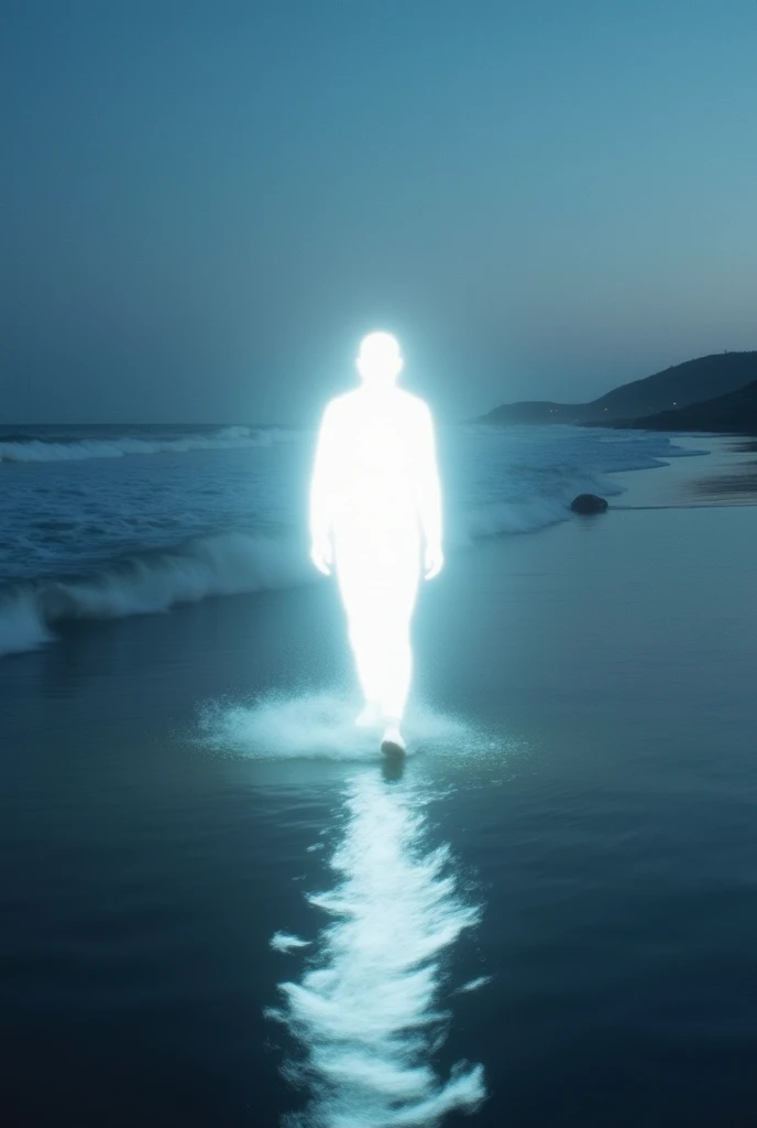 Psychedelic sci-fi art portrait in the style of street photography, depicting a water-formed human with a translucent body walking towards the sunset, seamlessly merging into the sea in a serene and harmonious manner. The artwork features intricate geometric and abstract designs that add a layer of complexity and depth to the composition. Against a monochrome atmosphere filled with mist and beautiful light beams, the image captures a mysterious and ethereal moment that invites viewers to ponder the enigmatic connection between the human form and the natural elements, creating a mesmerizing and contemplative visual experience，xill