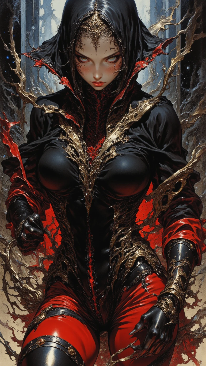 Storyboard, masterpiece, highest quality, dragonlady queen, perfect demoness, long legs, legs spread wide open, hourglass figure, curvy hips, bright red glowing eyes, detailed eyes (1.4), scars on face, villainous expression, flaming skin body with bioluminescent glowing pattern, ready for battle, blurred stormy background, dark atmosphere, lighting in background,full body,