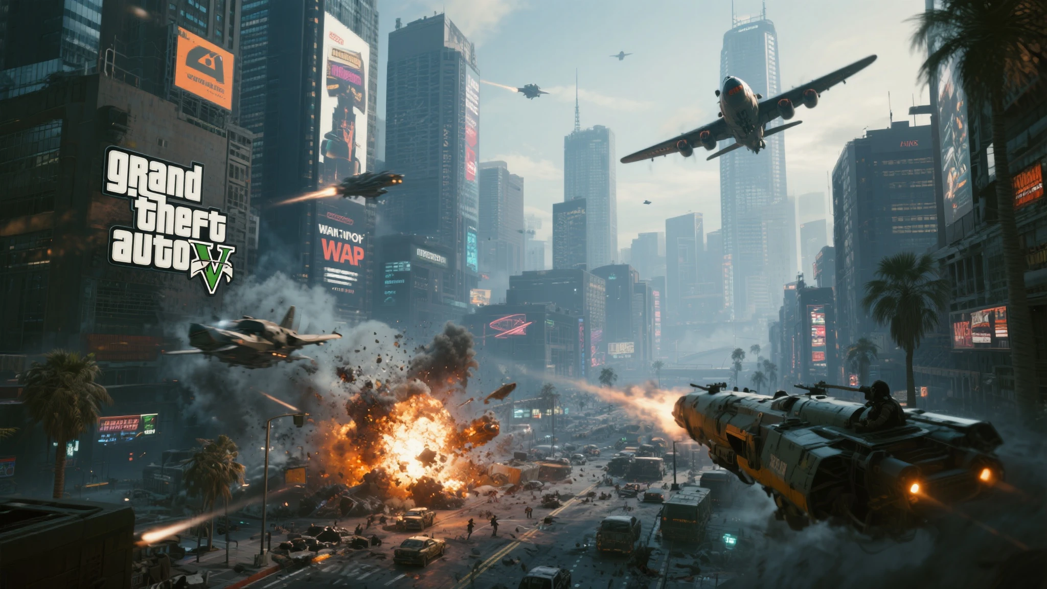 wide angle photograph of a cityscape of a post apocalyptic cyberpunk 2077 in cartoon style, being destroyed by fighter jets shooting bullets from the sky, robots, cyborgs, explosions, fire, lasers, trending on artstation,