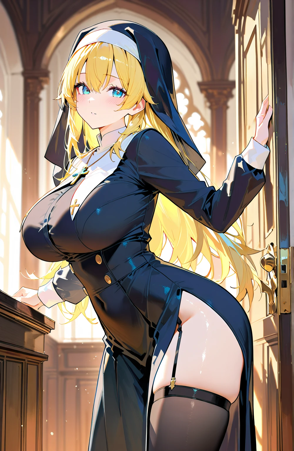 masterpiece,best quality,high resolution,8k,ultra HD,wallpaper,illustration,perfect face,cowboy shot,beautiful detailed eyes,extremely detailed face,perfect lighting,extremely detailed CG,perfect hands,perfect anatomy,perfect body,perfect hands,perfect fingers,1woman,full body,,(muscle fighter:1.1),blonde long hair,blue eyes,(large breasts:1.3),(Medium ass:1.1),medium nipples,(black maid costume dress:1.3),,clothed,,collarbone,,looking at viewer,(sexy look pose:1.3),Steam,sweat,rich home,(Blue Archive character Ichinose Asuna),