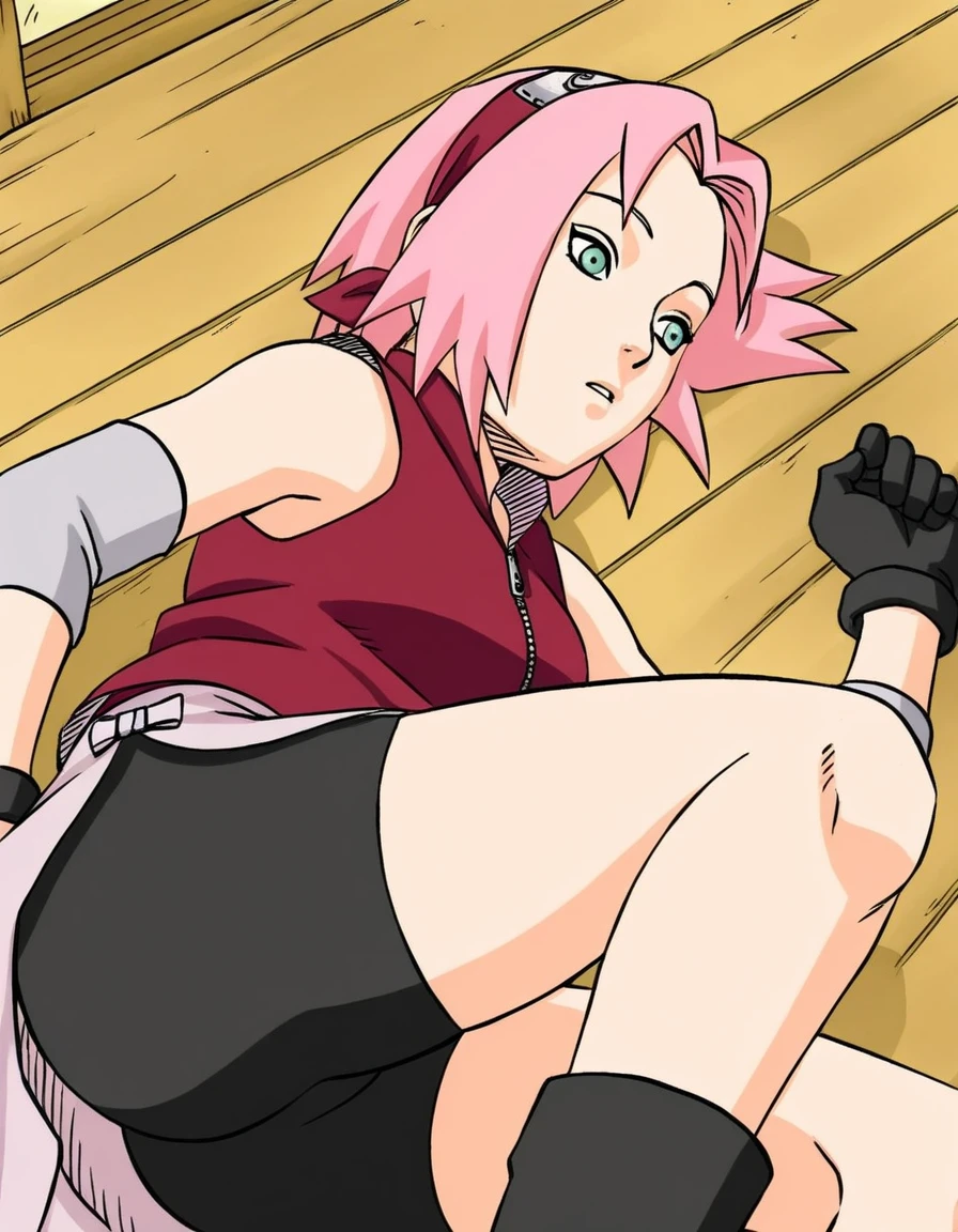 haruno_sakura, pink short hair, parted bangs, headband on hair, sleeveless zip up top, elbow guards, gloves, skirt, bike shorts, boots, green eyes, kishimoto manga style, lying on her side closed eyes, sleeping , soft thighs, closed legs from below near by butt