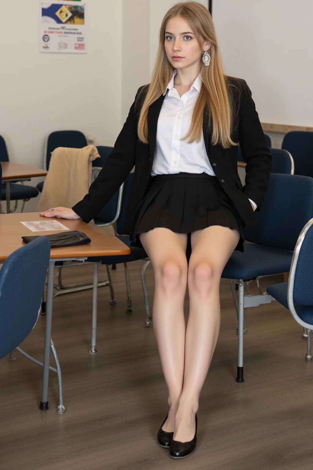 young blonde with her feet on old man in school