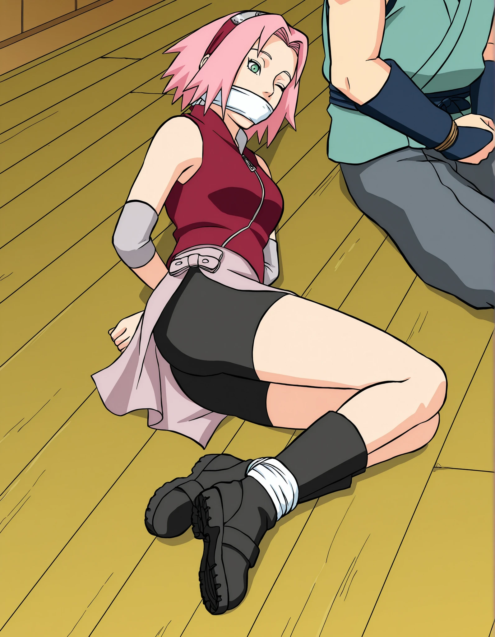 haruno_sakura, pink short hair, parted bangs, headband on hair, sleeveless zip up top, elbow guards, gloves, skirt, bike shorts, boots, green eyes, kishimoto manga style, lying on his side,greeves,, cloth gagged,tied up, ،His hands are tied behind his back,His feet are tied closed eyes, sleeping , soft thighs, closed legs from below near by butt