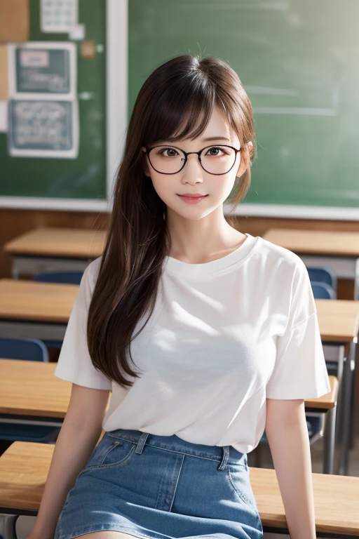 25 years old women(Eyeglasses)、A MILF、((at class room))、((校服))、Raw photography、(Photorealsitic:1.37、realisitic)、高精細CG統合8K壁紙、女の子1人、((the perfect body: 1.1))、(Natural Super Big Braests:1.2)、looking at viewert、(((straight from front)))、(HQ muscle:1.2、shinny skin)、8K UHD、Digital SLR、Soft lighting、hightquality、Film particles、FujifilmXT3、((full body Esbian:0.8))、(profetional lighting:1.4)、