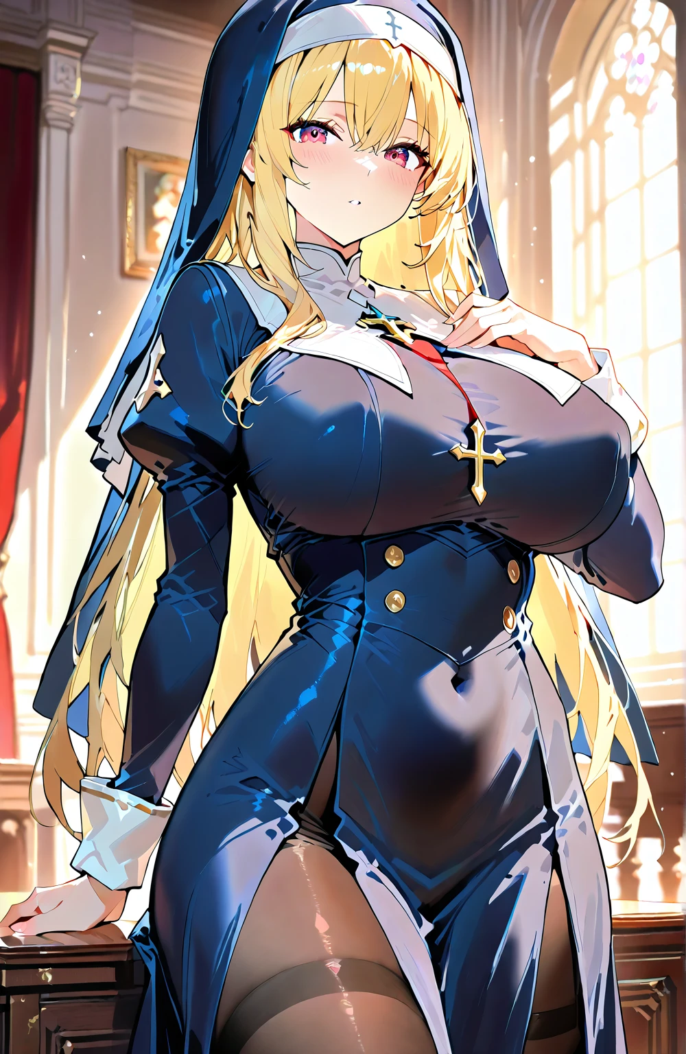 1 Girl shows white tong,Spread your legs,Gorgeous erotic nun dress,Misty,huge tit,Long blonde hair,blue color eyes,Gorgeous hair decoration,divino,highest quality,exposing her chest,Miniskirt,Gorgeous church background with extreme details