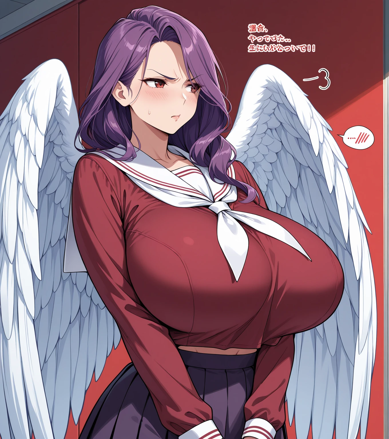 (Peace Table, Highest quality:1.2), Cowboy Shot, alone, One Girl, reiuji utsuho, Third Eye, smile, View your viewers, Put your hands on your hips, Hair Ribbon, shirt,puffy short sleeve, skirt, wing, (Big Breasts:1.5),(Dripping milk:1.1)