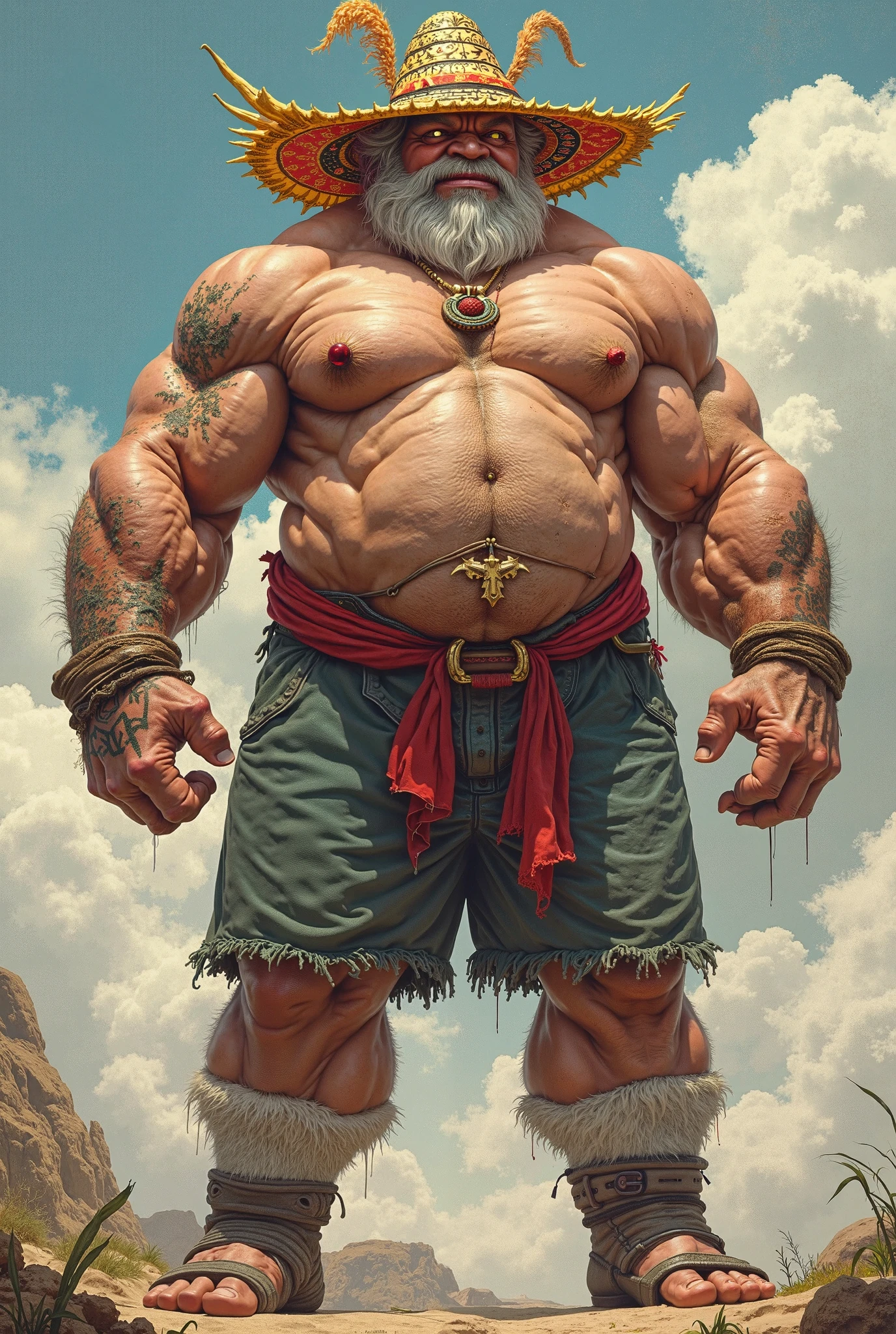 Zeus head, cannon, male, solitary, ((the strong,Handsome)), (dragon), Chibo,Six-pack abs,(indoor),Feet facing the audience,Dirty white socks,Blue shorts,Sweat:1.3,high quality, (4K,high quality, high resolution, masterpiece), cartoon,by lindong