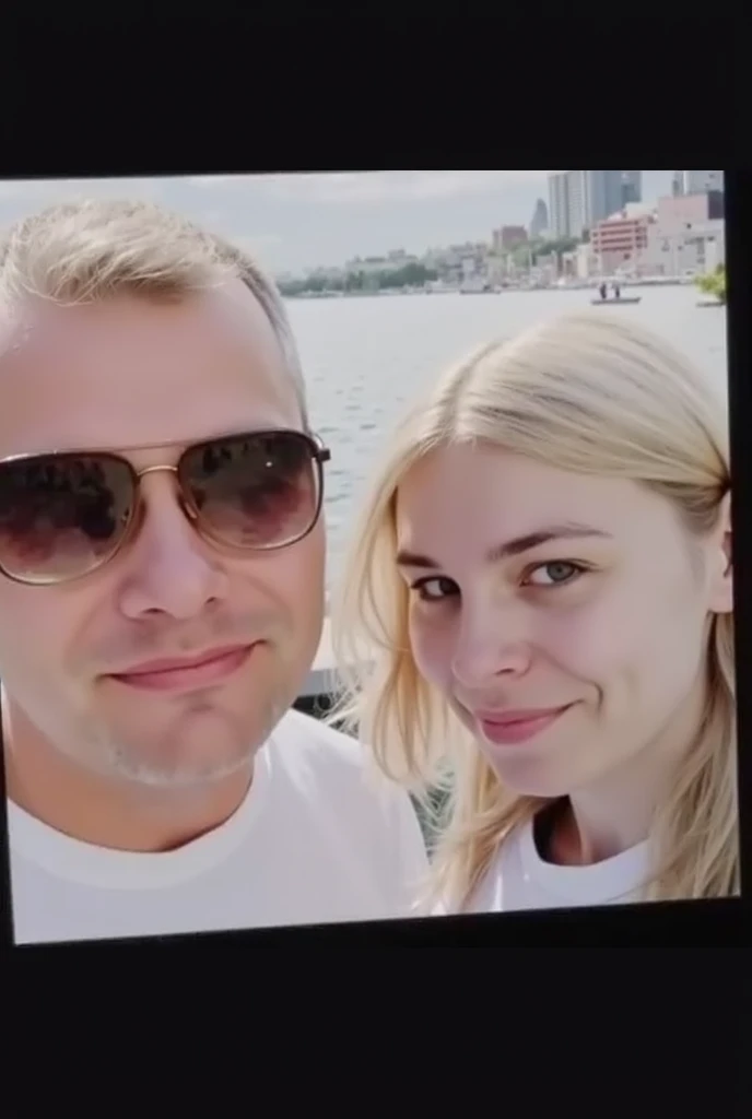blond woman taking selfie with man in sunglasses on boat, vacation photo, profile image, bright sunny day, 8k selfie photograph, at a park, at the park, at the park on a beautiful day, trees in the background, selfie photo, 45 years old men, momma and papa, szekely bertalan and lotz karoly, sunny day