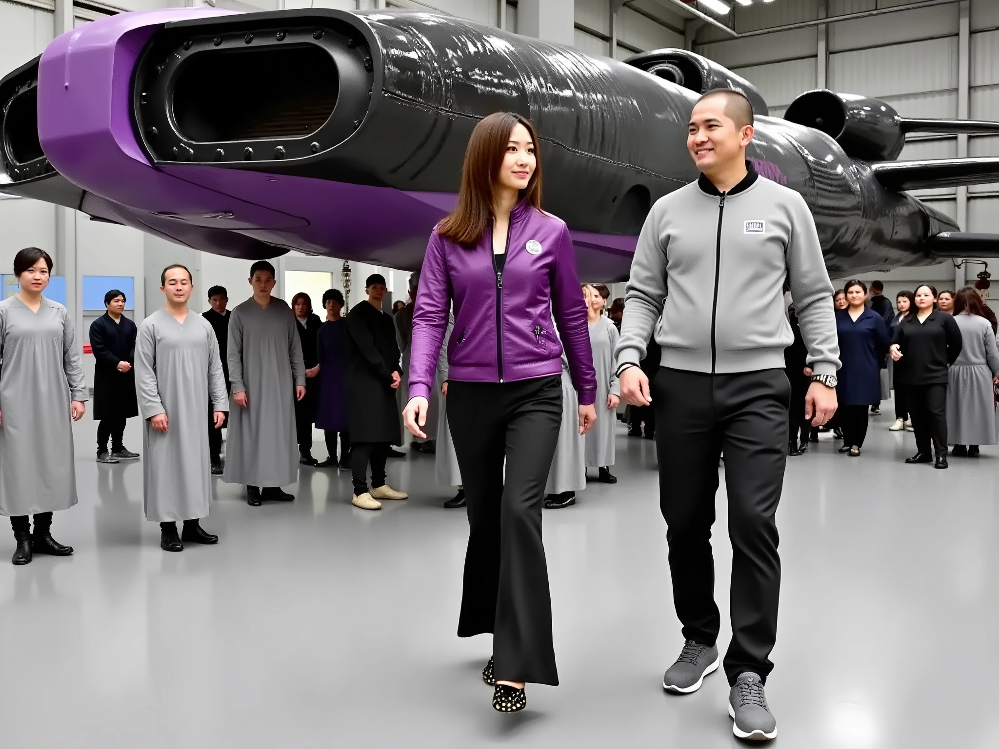 Mako Tamura's girlfriend in a purple starship captain jacket With captain-rank pagons on her shoulders, zippered jacket half-unfastened, black tank top, black flared satin pants, black high-heeled shoes with gold studs, point-toed shoes, holds a document folder, , she walks through a space ship farm among workers in gray robes and white colors in the background of a black and purple spaceship that is being built, she walks next to a tall blond and short-haired European man as well as a sturdy, dressed in a gray uniform consisting of a purple zippered jacket and black pants with side pockets, grey sneakers. They go together and discuss something.