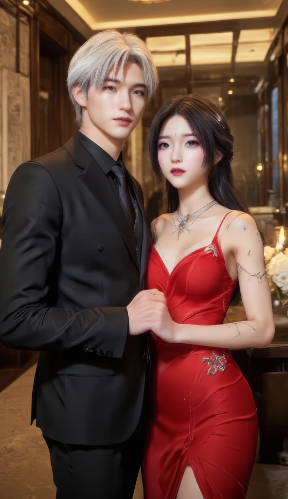 anime man in a suit and tie with a dragon in the background, dragon - inspired suit, by Yang J, human and dragon fusion, handsome japanese demon girl, handsome girl in demon slayer art, epic and classy portrait, trendin on artstation, by Oliver Sin, crimson attire, black and red suit, highly detailed exquisite fanart, handsome female vampire