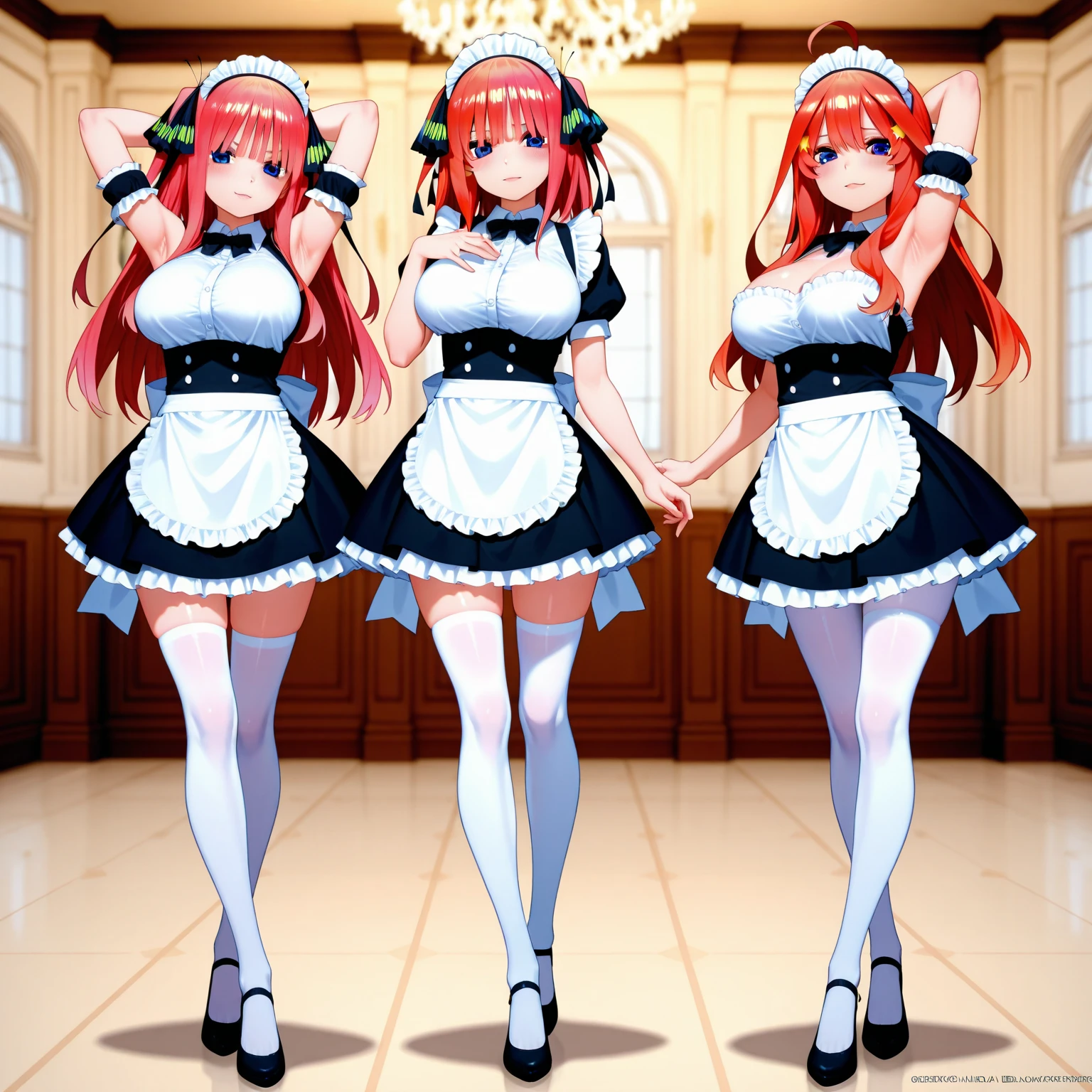 /draw ai_generated curvy_body curvy_female curvy_figure The average cup size female_only huge_breasts looking_at_viewer +maid solo_female solo_focus stable_diffusion waitress orange_hair green_eyes lifts the skirt showing black panties big hips legs in white stockings