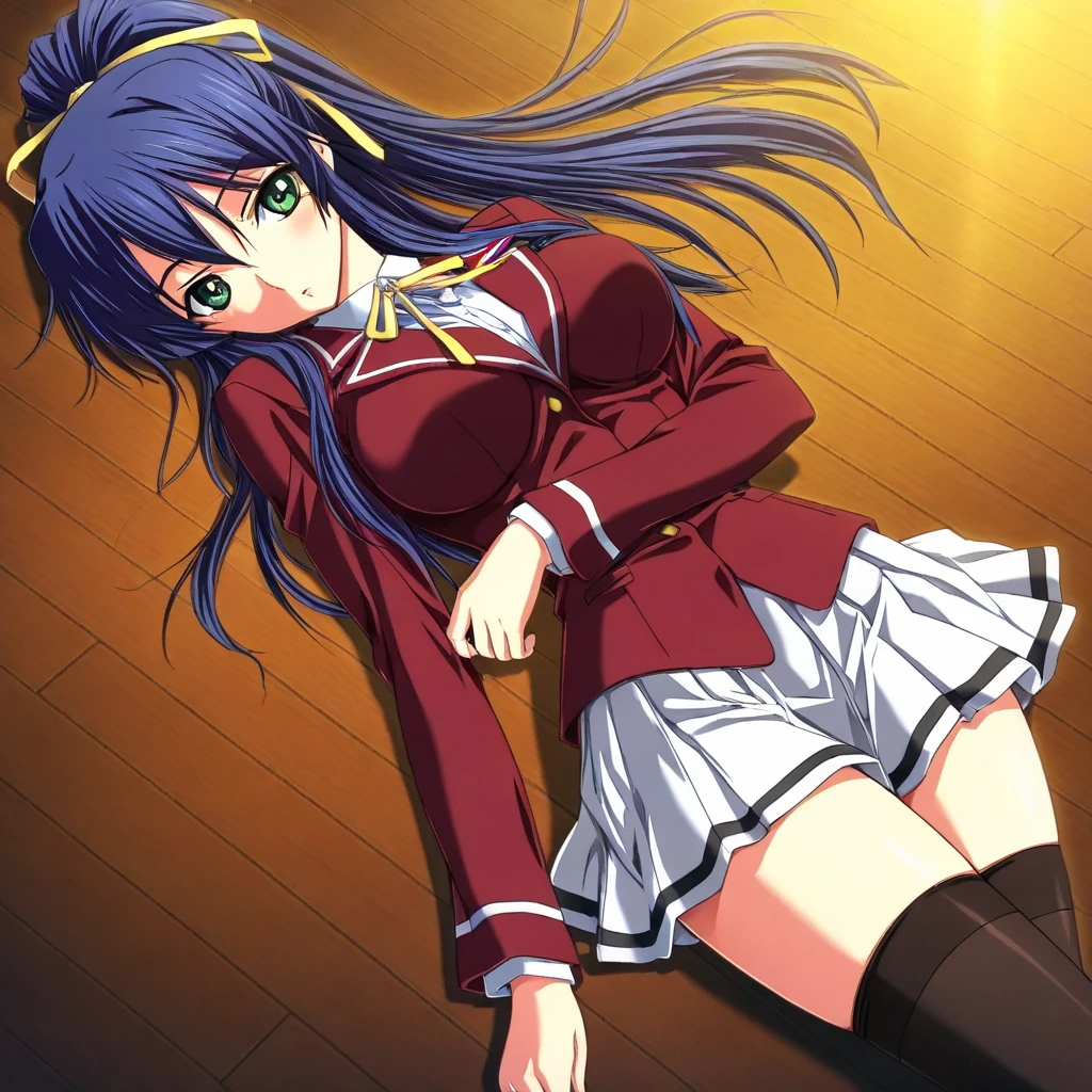 masterpiece, best quality, absurd res, 1girl, night, moon, windows, solo, sky, school uniform, tachibana kanade, Angel Beats!, black hair, long hair, red eyes, twintails, drill hair, twin drills, blue bow, red shirt, cowl, :< , fetal position, moonlit, pov, game cg, hugging own legs, sitting,<lora:moonEarlyItaruHinoue_1:1>