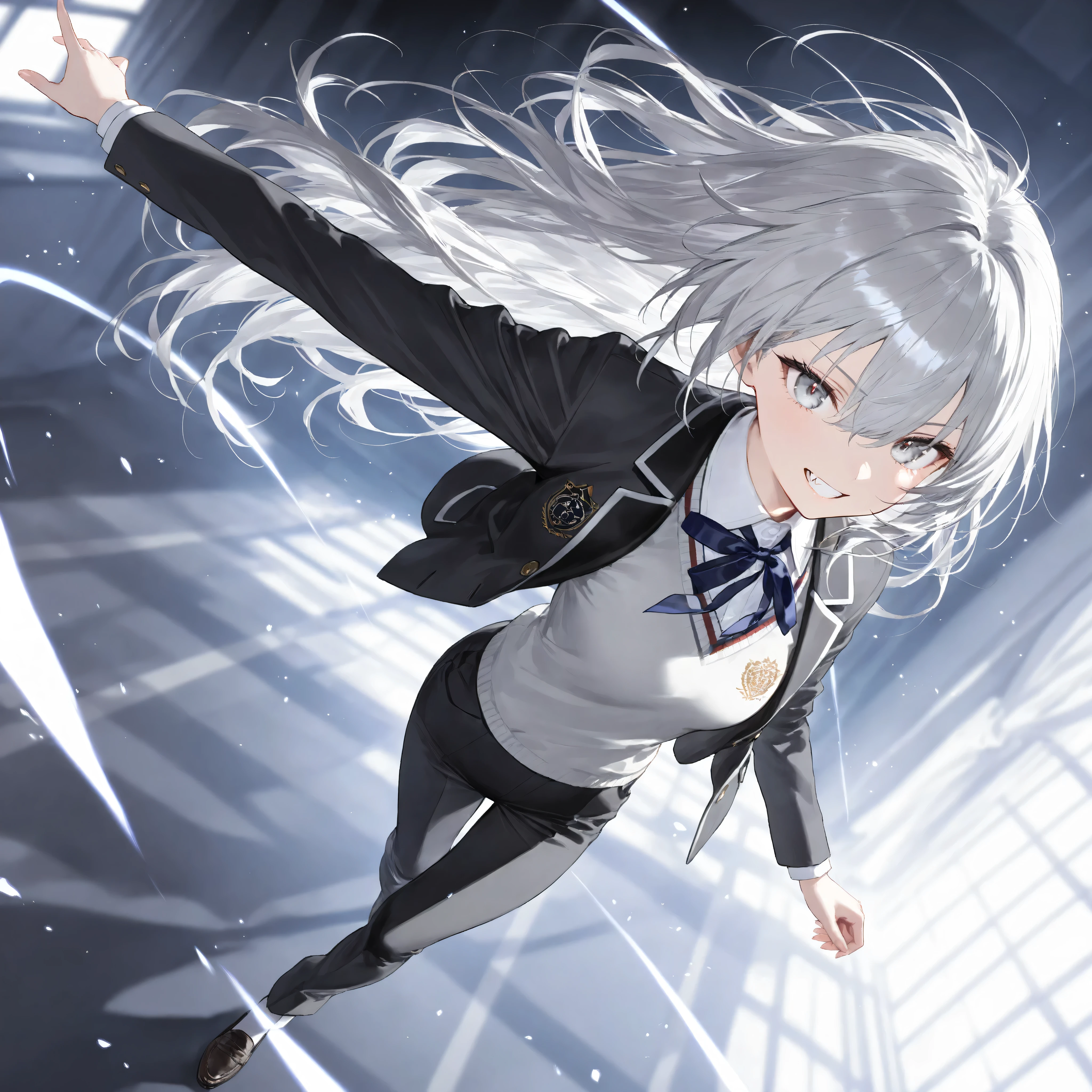 (Masterpiece: 1.2, best quality), (Delicate and beautiful eyes: 1.2), (Extremely detailed CG unity 8k wallpaper, Masterpiece, best quality, ultra-precision), (Detailed background), (Beautiful and detailed face, Beautiful and detailed eyes), High contrast, (Best lighting, Very delicate and beautiful), 1 woman, Dynamic angle, Beautifully detailed glow, Full body, Ash gray hair color, White colored hair mixed in between, Gray eyes, white teeth, a small visible fang, academy outfit,
