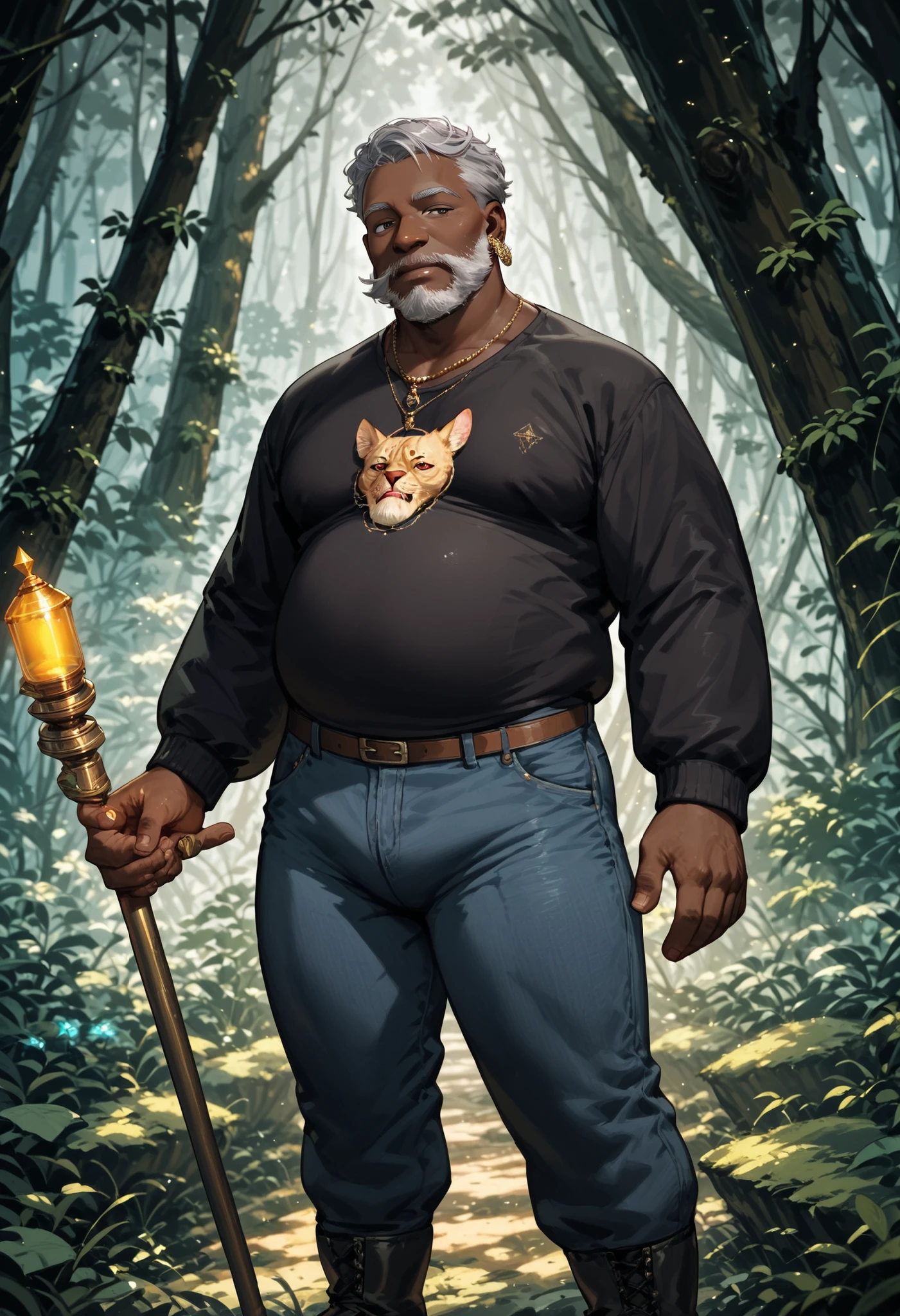 , score_9,score_8_up,score_7_up, mature men, male character, elderly African man, gray hair and beard, eyes with an incandescent glow, wearing a long-sleeved t-shirt, jeans and boots, hands resting on a mystical staff in front of him, stand in a dense forest, artstyle illustration, caharcater design