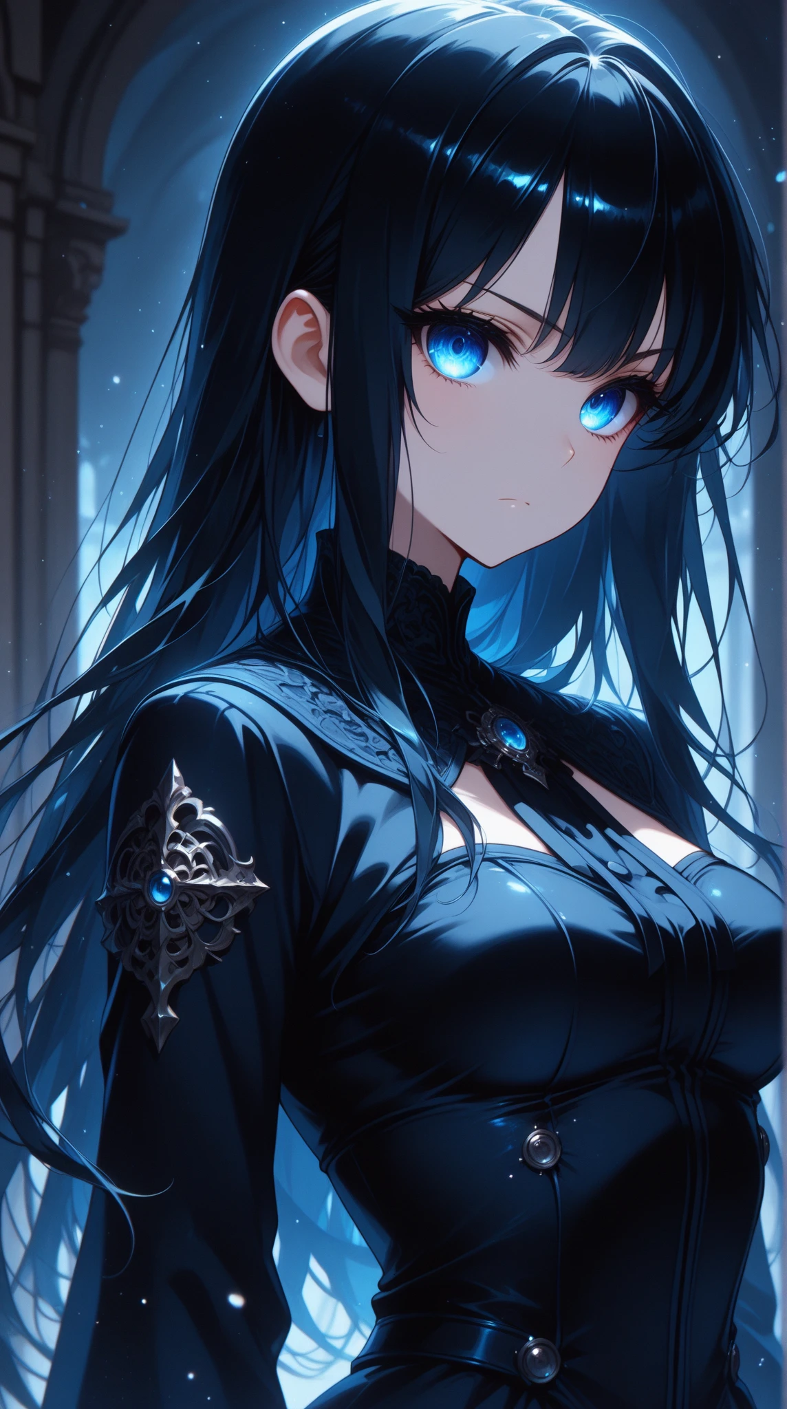 25-year-old girl、Rune background、black magician、Wearing a black robe、mesmerize、cute woman、Elegant hairstyle、indigo hair color、Slightly shorter hair、blue eyes、look at the viewer、masterpiece、Best image、