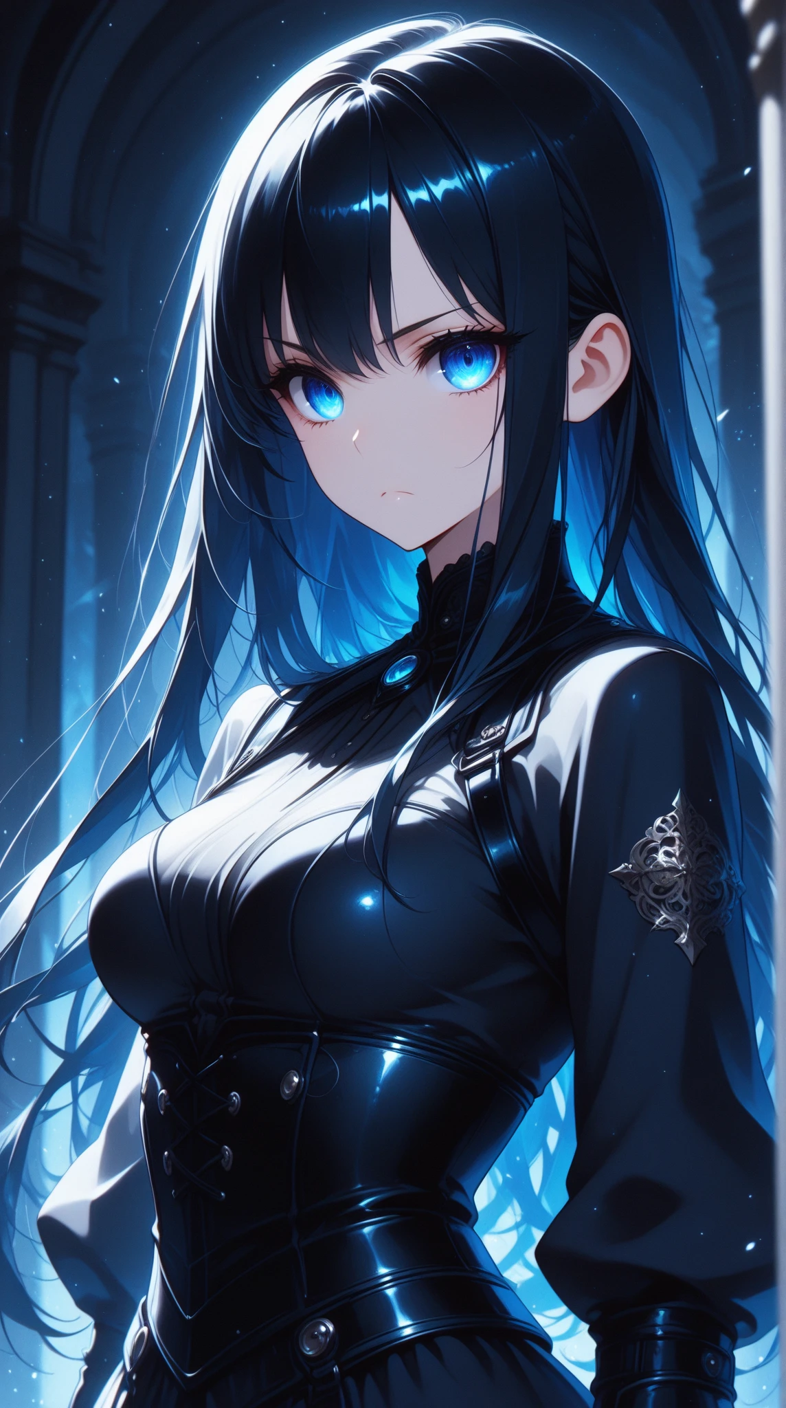 best quality, extremely detailed, anime style girl, long hair down to the waist, straight hair, dark black hair with bluish,crown braid,beautiful detailed eyes, pinched eyes, dark blue eyes, gradation eyes,huge breasts,((((black atmosphere)))),((Luxurious room)),((((cool)))),dynamic angle,sparkling eyes 