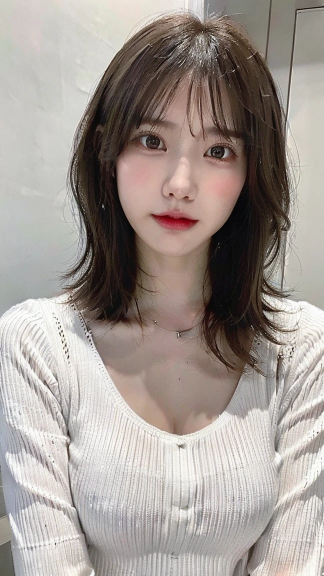 Beautiful woman with perfect figure:1.4,Ultra-high resolution,Blink,White background,(lifelike:1.4),Layered Hairstyle,Lovely smile,White skin,Bikini:1.5,Super short pleated skirt,whole body,Very delicate face and skin texture,Double eyelids,Skin Whitening,short hair,White hair