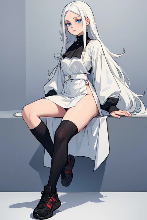 Tall, slim, She has long grey hair tied back in an enormous, messy ponytail that reaches down to her thighs, hair covering one eye, she wears a red jacket, wearing a black full-body suit, golden eyes, laboratory background, wide hips, fit, from behind, straddling chair, big ass, curvy