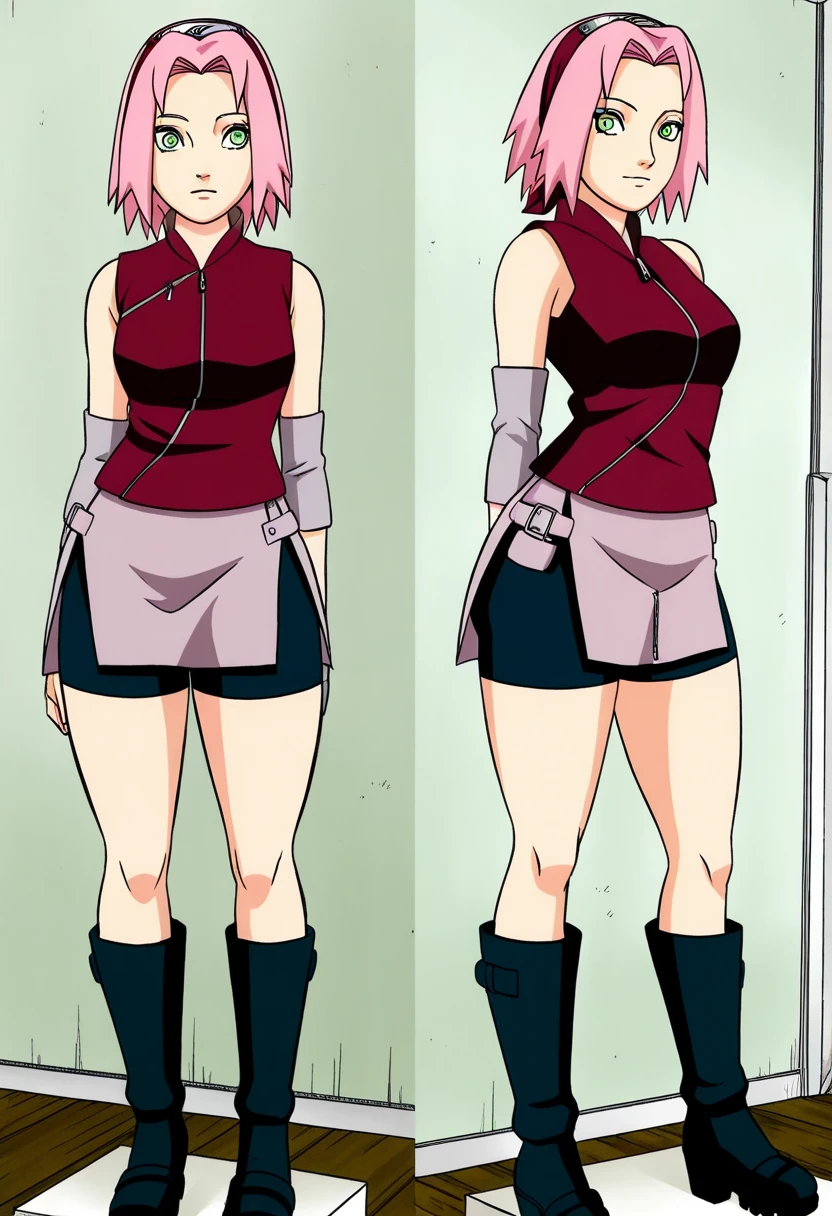 haruno_sakura, pink short hair, parted bangs, headband on hair, sleeveless zip up top, elbow guards, gloves, skirt, bike shorts, boots, green eyes, kishimoto manga style, standing, green eyes, , soft thighs, adult figure, thick thighs 