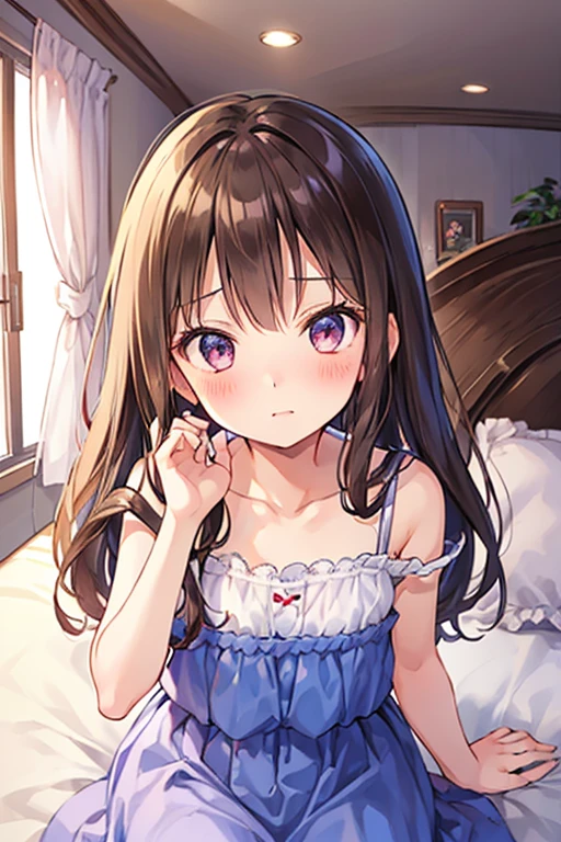 Girl, (light brown hair:1.5), (black eyes:1.1), (big eyes: 1.1), (sagging eyes: 1.5), (very long hair:1.1), hair between eyes, (flat chest:1.3), (straight hair), very short, only , droopy eyes, 11 years old, (short height:1.8), young face , smooth straight hair ,bed,bed,lying on back,Satin Camisole Set ,(bottomless:1.1)