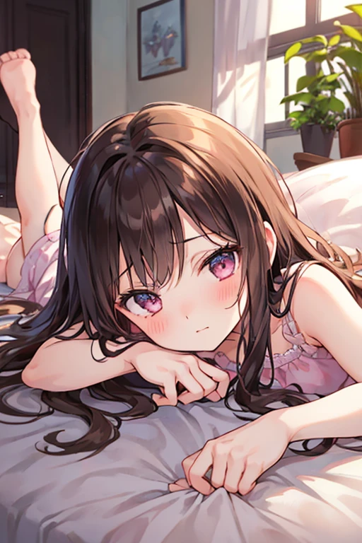 Highest quality, masterpiece, Ultra-high resolution, 8K,Show anime style , Soft line drawing, Digital Enhancement, shojo anime touch, shojo manga core, Flowing fabric, close, Soft Drawing, Ultra High Definition Digital Anime Art, Clear facial depiction, Highly detailed girl manga character art, Ultra-detailed manga style, Highest qualityの色,((( 1people々 woman))),(短い茶色の髪のwoman), Wet Hair,Beautiful brown hair, Clear brown eyes, A little thick,Small breasts,pajamas,((She is lying on her side in bed, Wearing a futon.)),I sleep in bed with her, Her face sleeping peacefully on her side,She wakes up,私 call out good morning,((She smiled seductively in a sideways position..)),(Focus on the face)