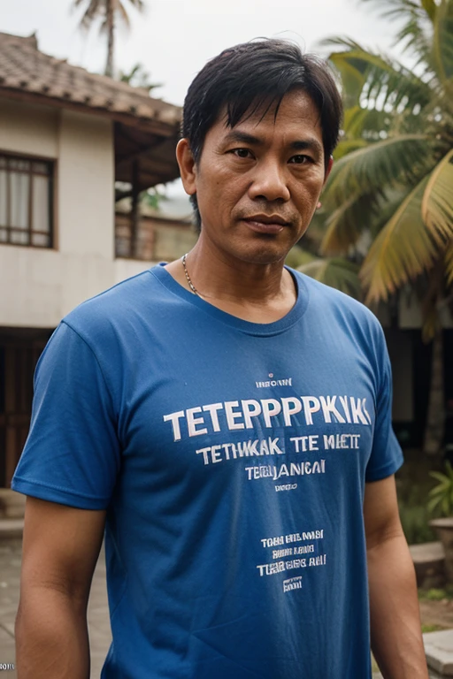 A middle aged Malay triathlete wearing a t-shirt with the following wordings on it - FINISHKER?