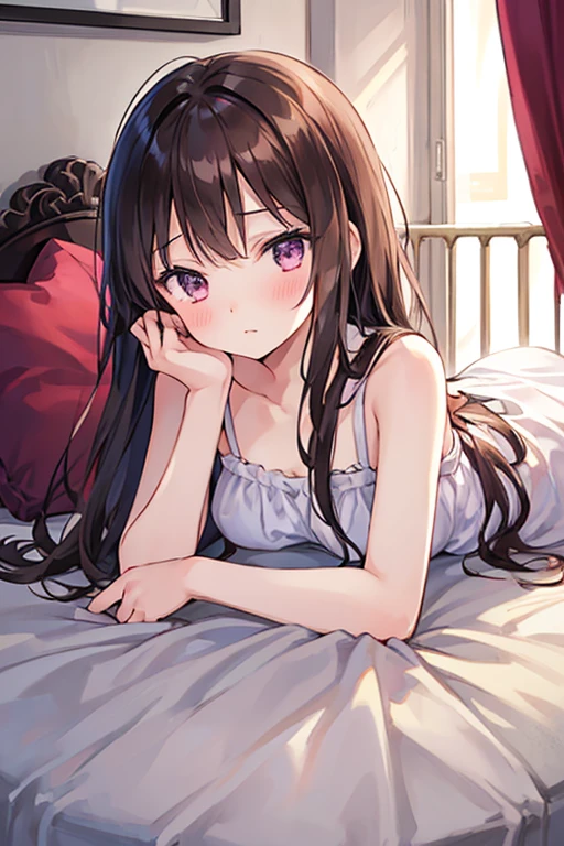 Harumi Fumiko en un plano de cuerpo completo, 18 year old woman with long brown hair, ojos cafe claro, piel blanca, small freckles, small and perfect nose a little turned up (Fondo de pantalla 8K extremadamente detallado), sonriendo, con las manos por detras, gran calidad anime, descansando en la cama, ropa interior blanca, NSFW:0.9, manos perfectas, posicion atrevida, coqueta. Perfectamente realizado. anatomicamente correcto