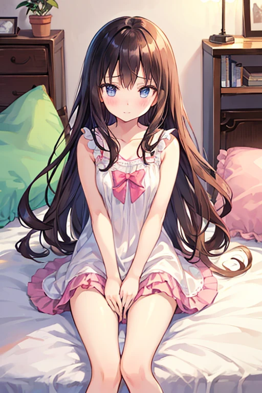 beautiful illustrations, highest quality, pretty girl, 1girl, Bedroom, pastel colour, (two-separated lingerie), reddish brown long hair, headband, cute lingerie, bright lighting