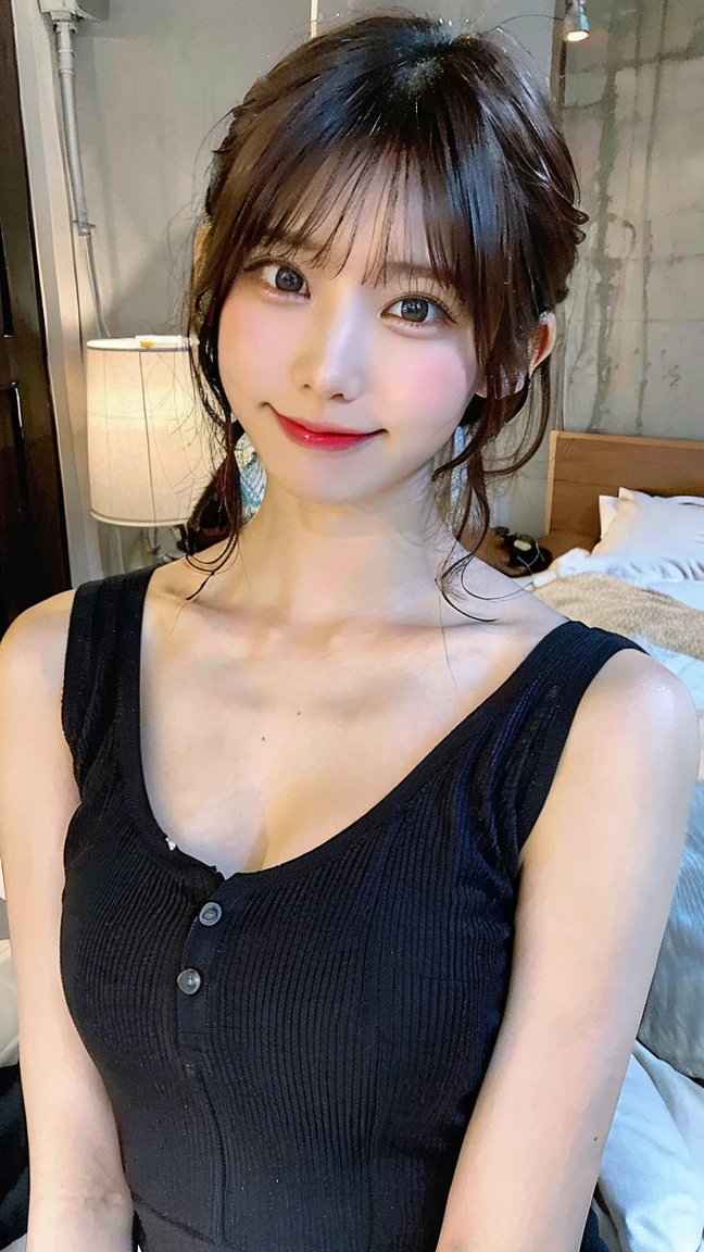 (realistic、High resolution:1.3)、1 Japan High School Girl、(Slender)、Height is 156cm、A sloppy smile、Random hairstyles、long hair、((Wearing a loose tank top))、Tank top color is random、big 、exposed chest、exposed areola、areola is small、thin arms、Delicate waist、It looks like the ribs are sticking out、(There is a gap between the left and right sides.:1.3)