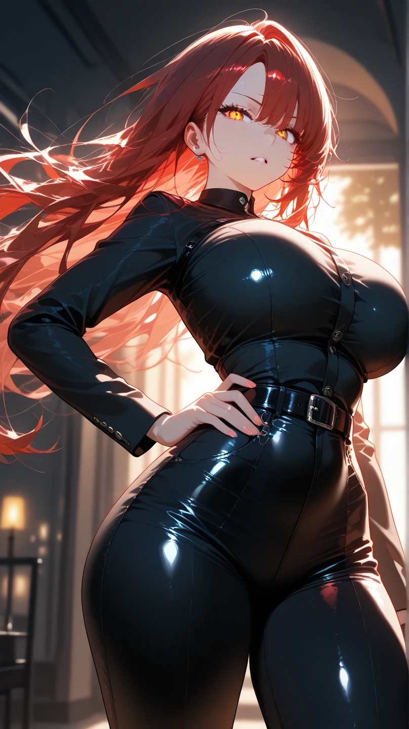 red hair, straight hair, wet hair, jewelry, eye reflection, star-shaped pupils, (perfect aqua blue eyes), one eye closed, evil smile, smug, tsundere, red lips, cheek-to-cheek, cinematic lighting, chromatic aberration, god rays, ray tracing, motion blur, drop shadow, angle from front, Eye-Level Shot, UHD, masterpiece, high details, high quality, best quality, highres, 16k, ((perfectly curvacious breats)), (detailed pupils), ((thick perfect thighs)), beautifully detailed pupils, (((latex clothing))), black latex ass, calm sunny neighbourhood, daytime ((firey detailed eyes)), beautiful dark pupils