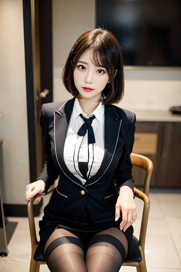 ((High school girl sitting on train seat))、(white blazer)、(white blouse、red bow tie、dark blue checked skirt). 40k, photograph, table top, highest quality, dark gray background, ((beautiful eyes、One girl with light brown short hair, . white skin, Various poses.((Medium chest,:1.1)), highest quality, table top, ultra high resolution, (realistic:1.4), RAWphotograph, (perfect body shape), (slim:1.3), slim abdomen, Perfect slim figure, dynamic pose, alone, Cold light 12000K, very detailed facial and skin texture, fine eyes, realistic eyes, Beautiful and fine eyes, (realistic skin), charm, ultra high resolution, Super realistic, very detailed,(The wind blows up my skirt),(lift the skirt),((White panties are visible))(smile)、(eyes closed),