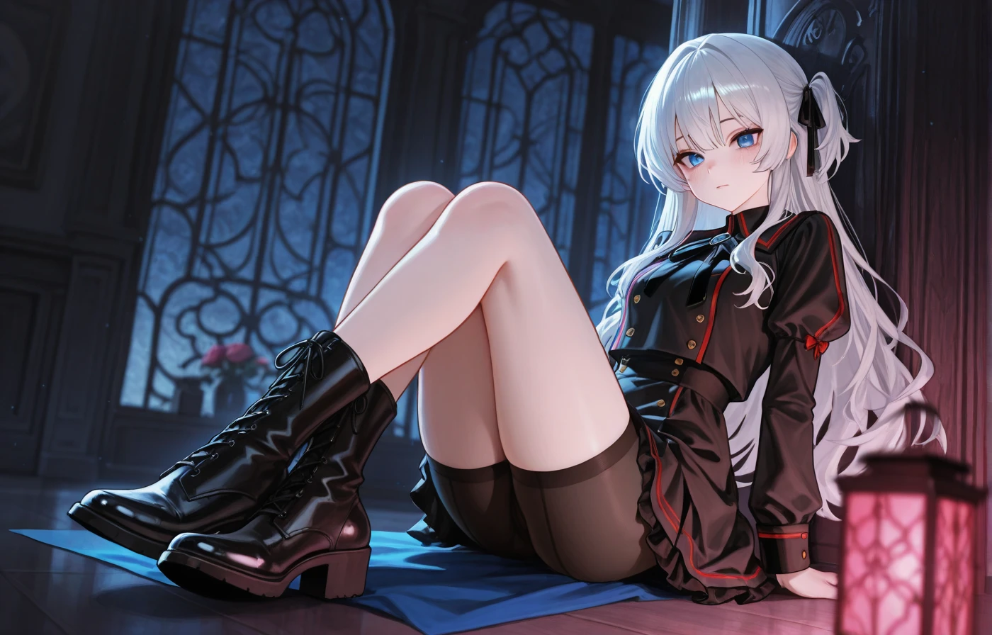 "camisa blanca manga corta, guantes negros, corbata negra, falda negra corta, small black boots with a white neon glow underneath, black heart shaped necklace with mysterious lights that move in the,mirada amable"