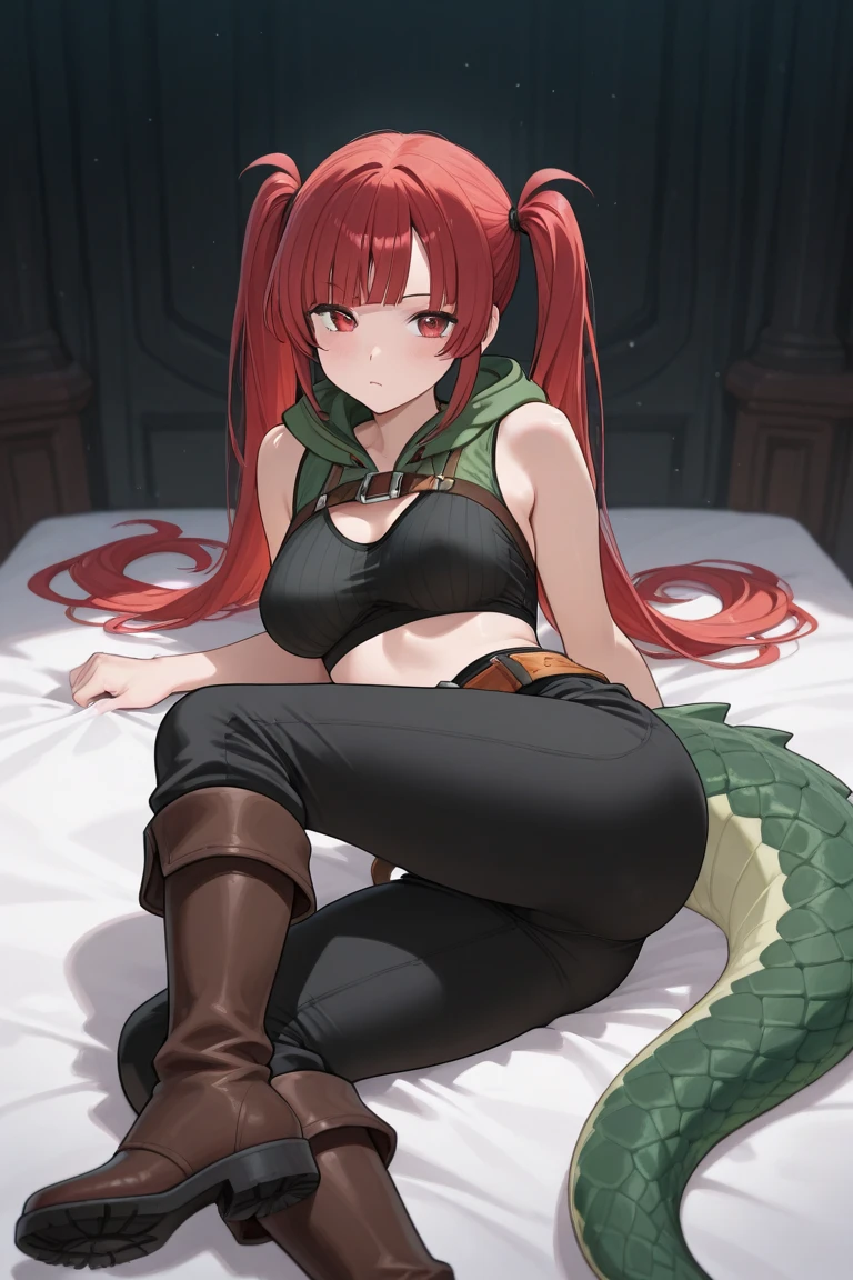 <lora:LAMIA-SERY-CONCEPT:1>, <lora:MiiaV1.3:1>, 1girl, :d, bangs, belt, belt_buckle, blush, breasts, cleavage, collarbone, day, eyebrows_visible_through_hair, front-tie_top, hair_between_eyes, hair_ornament, hairclip, hand_on_hip, indoors, lamia, large_breasts, long_hair, looking_at_viewer, midriff, miia_\(monster_musume\), monster_girl, navel, open_mouth, pointy_ears, potted_plant, red_hair, scales, shirt, slit_pupils, smile, solo, tied_shirt, very_long_hair, window, yellow_eyes, yellow_shirt,