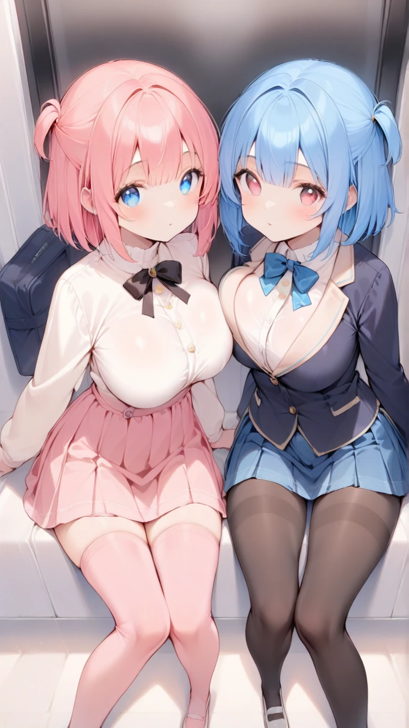 NFSW, Best Quality,masutepiece,look down on, Upper body,Strands of hair,lightblue hair,white hair,Pink hair,Classroom,tiny chest、red blush, Bow, Red bow, Long sleeves, Shirt, Collared shirt, Skirt, Pleated skirt, Black skirt, looking at the viewers, Best Quality, High resolution, Unity 8k Wallpaper, (Illustration:0.8), (Beautiful detailed eyes:1.6), extra detailed face, Perfect Lighting, extremely details CG, (Perfect hands, Perfect Anatomy),A smile、(Skirt lift:1.3), (Skirt that rolls up:1.3)、(Fully exposed panties:1.5),(Multiple girls),(no panties:1.3), (breast out:1.5), pussy line, (love juice:1.3)