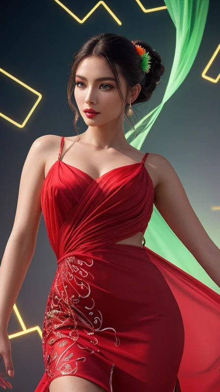 ((portrait, full-body, full-shot)),(best quality,4k,8k,highres,masterpiece:1.2),ultra-detailed,(realistic,photorealistic,photo-realistic:1.37),(1girl),(18years old),[the face is combination of (((irene1:1.2))) and (((Excella_er5:1.2)))],(sharp focus:1.5),pearl skin,(skin pores:1.1),extremely detailed face and skin texture,(skin texture:1.1),black hair,tall and slender body,(192cm tall),thin and delicate figure,graceful posture,strong and defined muscles,flawless skin,defined abs,perfect curves,feminine appearance,beautiful long legs,embodying elegance and beauty,cleavage breasts,((wearing a (red) Kebaya)),(ultra-short dress),vibrant colors,extremely detailed and realistic clothes,(colorful),(film grain:1.3),offcial art,(Beautiful and aesthetic:1.2),(fractal art:1.2),Colorful,highest details,(rectangle:1.2),(Dynamic gesture),(abstract backgrounds:1.5),(shift dresses:1.2),(many color:1.4).