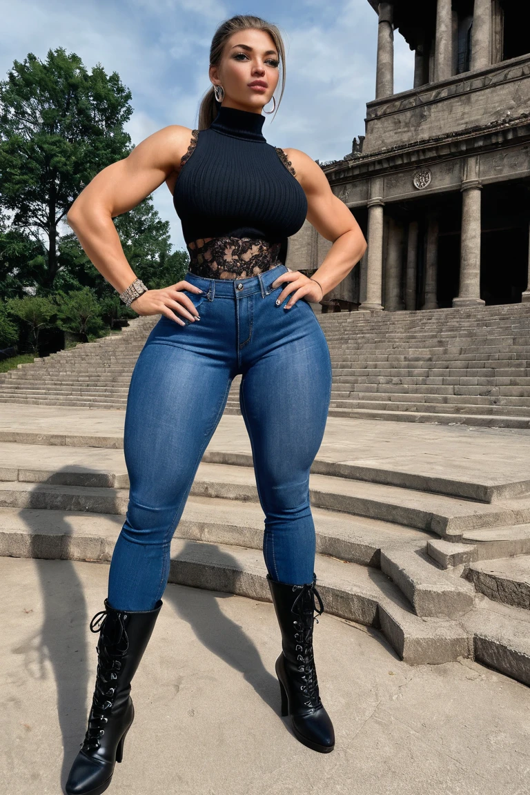 60 year old, light skinned black woman, fitness model, crop top, tight denim, high heels, from back