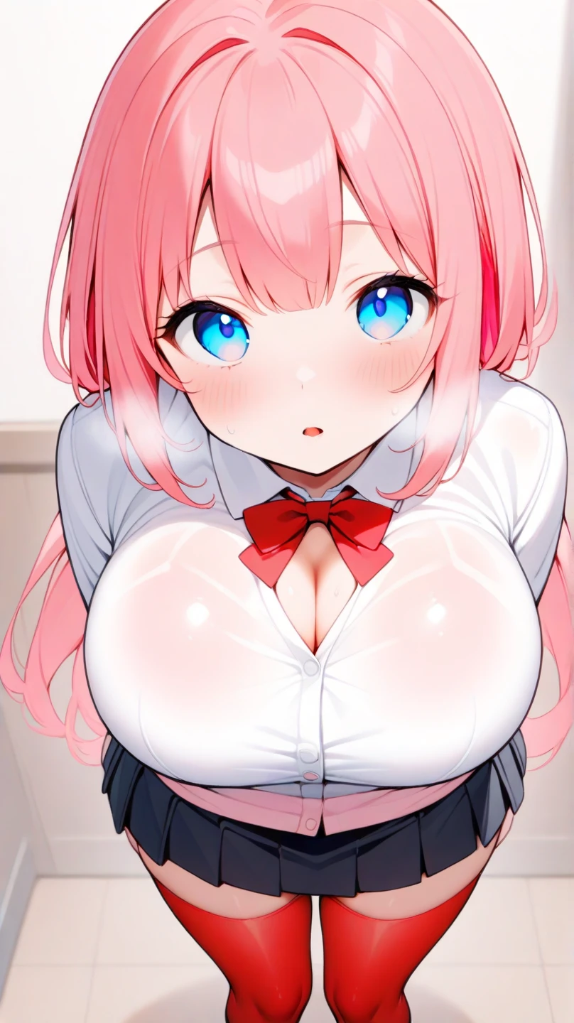 1girl, solo, nakano nino, pink hair, butterfly hair ornament, (naked:1.3), (white apron), large breasts, cleavage, thighs, cafe background, (blushing:1.3)