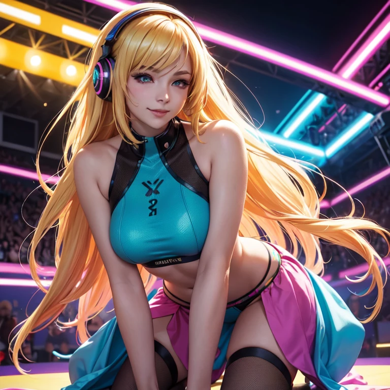 1girl, (Blue Eyes), cute smile, (Sana Minatozaki), wide hips, Big Boobs, big ass, (Best Quality, 8k, Masterpiece: 1.3)) ), Clear Focus: 1.2, Perfect Body Beauty: 1.4 , Slender Abs: 1.2, Wet Body: 1.5 , Highly detailed face and skin texture, detailed eyes, double eyelids, (long blonde hair), (gamer girl), (gamer headphones), white muscular, fishnet stockings, (hot pink skirt), (high heels), playroom, arcade machines