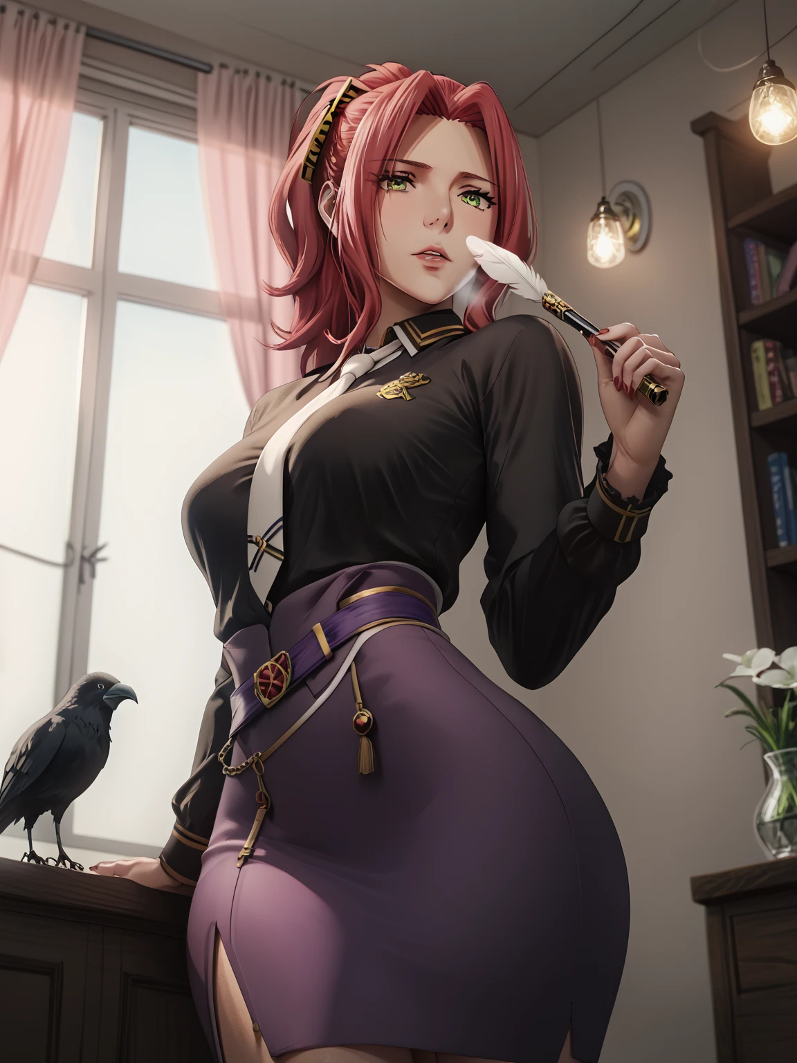 Dreamscape Style, Fuchsia, (harayutaka style:0.7),  ((anatomical correct)), ((Cinematic, unreal engine, eye-catching, ambient occlusion, UHD, masterpiece)), ((perfect lighting, soft shadow)), perfect body, perfect eyes, perfect fingers, gasping, heavy breathing, gasping profusely, ((skindentation)), ((curvy)), malty melromarc, long hair, green eyes, red hair, parted bangs, ponytail, medium breasts, narrow waist, 1girl, crow, necktie, window, breasts, bird, solo, shirt, black_shirt, skirt, looking_at_viewer, feathers, high-waist_skirt, white_necktie, long_sleeves, collared_shirt, holding, purple_skirt, curtains, indoors, black_feathers, long_skirt, nail_polish, standing, looking down, half-closed eyes, 