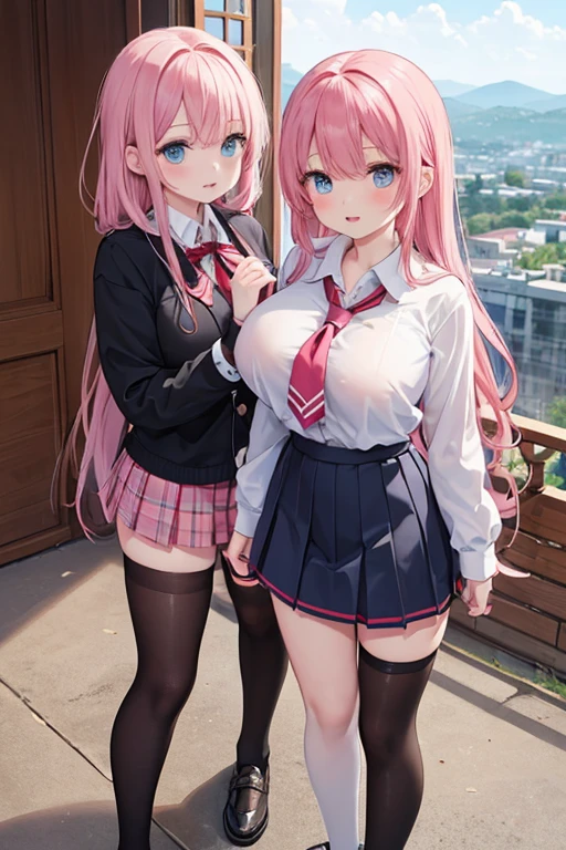 (Two young and beautiful Japanese women), nsfw, Detailed Background, (((2 girls))), ((Excellent anatomy: 1.2)), (The first one is blonde, long hair, Big Breasts, dark skin), (The second one has pink hair, Bobcut, Small breasts), (All in the same clothes:1.8), (((Both of them are wearing short-sleeved white shirts, Blue short tie, Checkered mini skirt,loose socks, loafers))), Standing outdoors, Angry, Glaring at the audience, Beautiful thighs, (skirt lift:1.3), panty shot