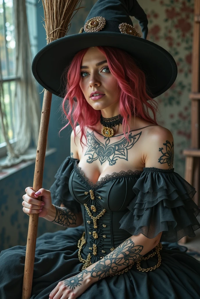 absurdres, foto RAW, highest quallity, (Masterpiece artwork: 1.3), High detail RAW color Photo of, professional foto, extremely detailed 8k CG wallpaper unit, foto-realisitic, realisitic, foto RAW, Masterpiece artwork, best qualityer, highres, illustration, 1girl, , short, tiny girl, slim, white, redheadwear, Red hair, red hair with curls, Wavy hair, curly hair, Average length, hair stuck, fine legs, perfect beautiful face with freckles, cardune lips, belos olhos realisitics, green right eye, blue left eye, heterochromia, pale skin, detailed skin texture, flat breasts, very tiny breasts, small ass. Red roses tattooed on shoulders, tattoos of pagan symbols on the forearms and hands. body skinny, slim. redheadwear. ssmile. Elegant Witch Style. Pagan style, Celtic, wiccan. Scottish. She looks amazing. (Medieval dress with embroidery, white corset with embroidery, necklace with pentagram pendant, Hooded cape, Detailed design), House, natta.