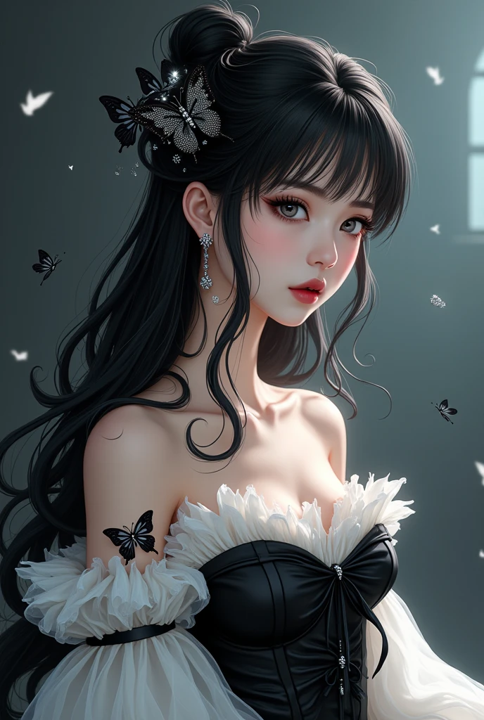 (((Masterpiece, top quality))), (((32K wallpaper))), ultra high resolution, Woman covered with flowers all over, (((A woman whose flowers bloom from her whole body))), Filled with a large number of flowers, (((Black and white only))), small breasts, Bright eyes, highlights, ultra detailed eyes, beautiful face, cowboy shot, (((Background white only))), (((Hat with flower motif))), (((close-up)))