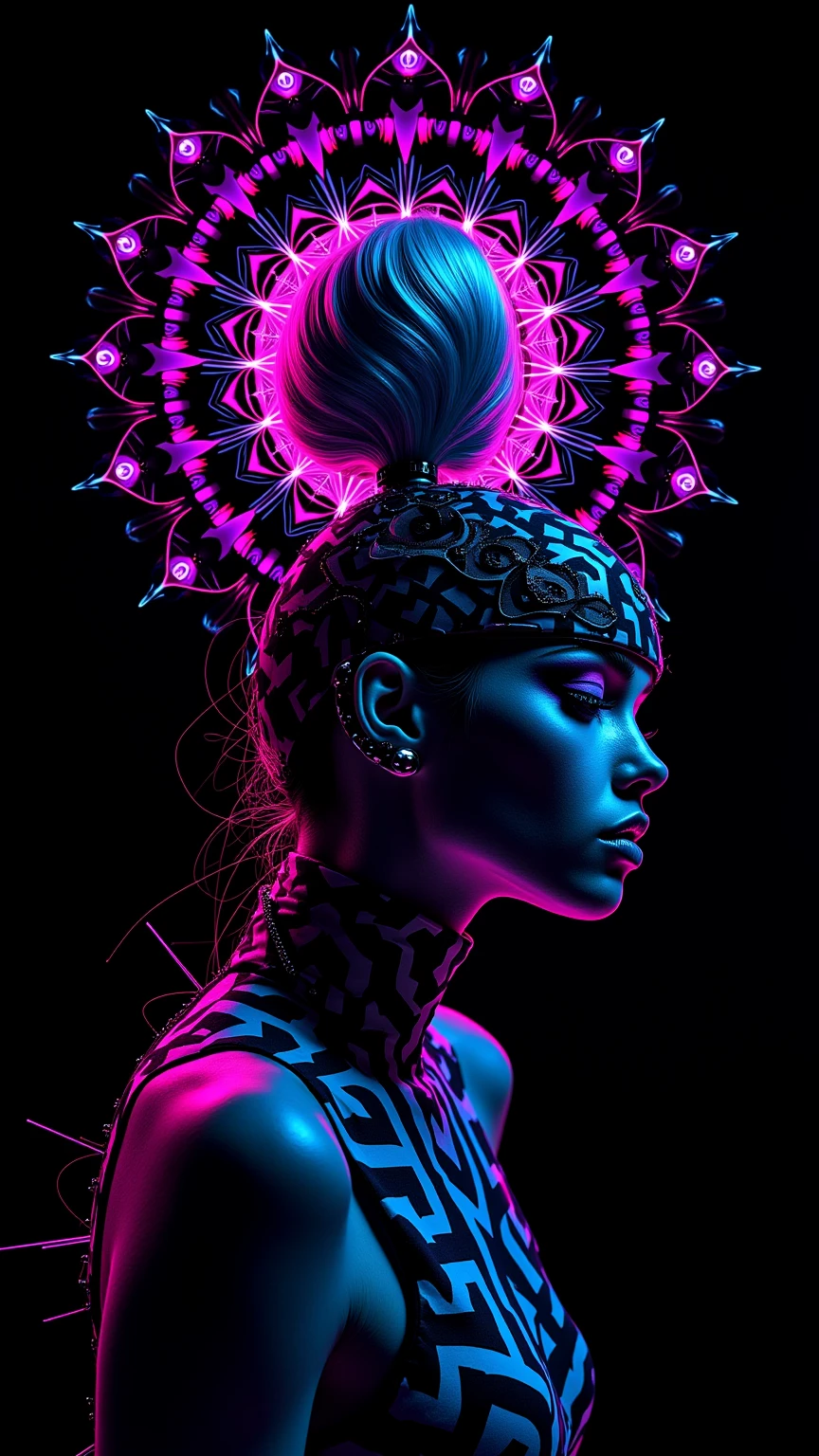 Half Body. high quality, 8K Ultra HD，woman，The whole body is surrounded by a series of blue binary codes, Curved lines and patterns,  Weaving together，Creating a fusion of technology and art, Background with binary code, Hues range from electric blue to bright green, Most popular。