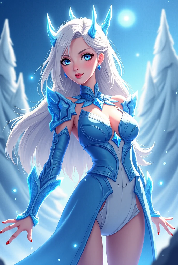 Una mujer con un vestido azul posando para una foto, Reyna de hielo, Reina del hielo y la tormenta, cosplay glamuroso, Hechicera de hielo, hecho de cristal, hermosa elsa, Elsa Congelada, Princesa de hielo, Elsa de Frozen, ((a beautiful fantasy empress)), fantasy costume, diosa rubia, cuerpo intrincado, amoranto, elegant cosplay glamuroso, detallado y fantasioso