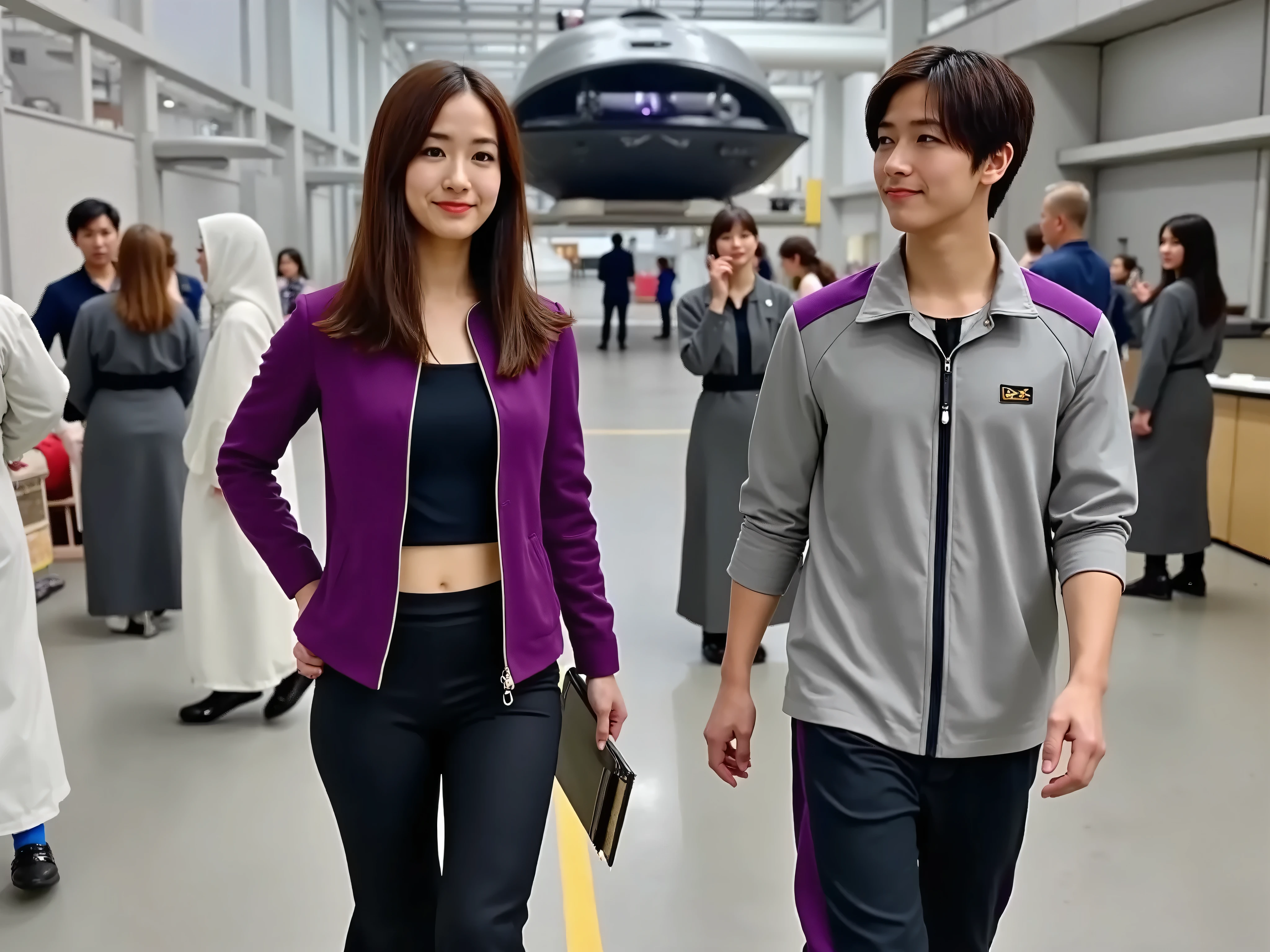 Mako Tamura's girlfriend in a purple starship captain jacket With captain-rank pagons on her shoulders, zippered jacket half-unfastened, black tank top, black flared satin pants, black high-heeled shoes with gold studs, point-toed shoes, holds a document folder, , she walks through a space ship farm among workers in gray robes and white colors in the background of a black and purple spaceship that is being built, she walks next to a tall blond and short-haired European man as well as a sturdy, dressed in a gray uniform consisting of a purple zippered jacket and black pants with side pockets, grey sneakers. They go together and discuss something.